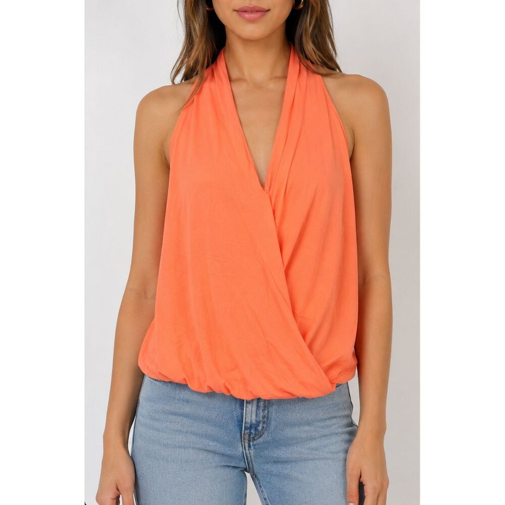 Zenana Crepe Surplice Halter Top Orange Size Medium Boutique Faux Wrap Racerback